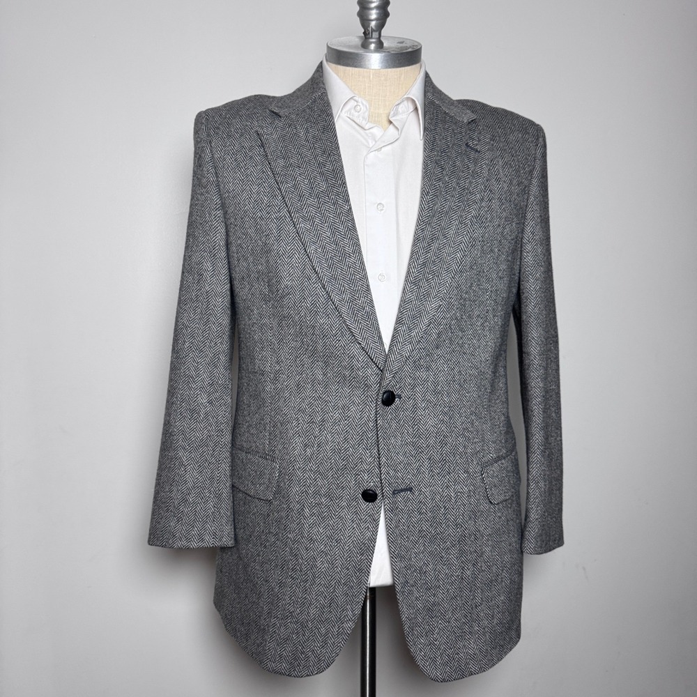 Savile Row Blazer Mens 44L Grey Herringbone Wool Lambswool Two Button Sport Coat
